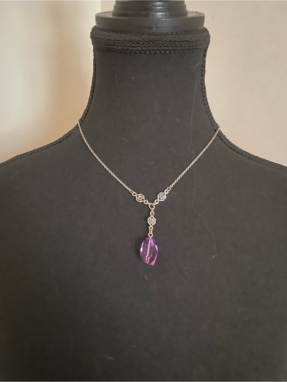 Delicate Silver Necklace with Purple Teardrop Pendant